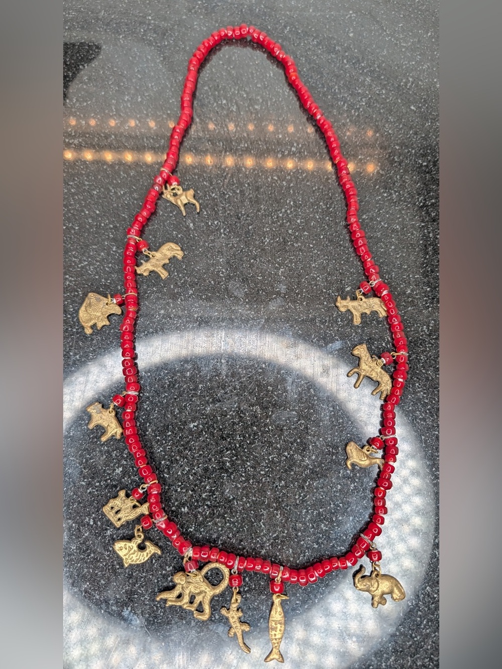 VINTAGE CHACHAL NECKLACE RED GLASS BEADS BRASS CHARMS ANIMALS